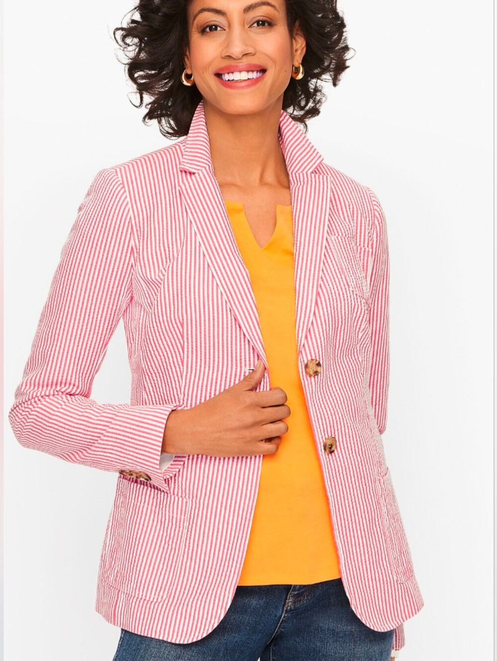TALBOTS Women's 14P Pink & White Stripe Cotton Seersucker Blazer